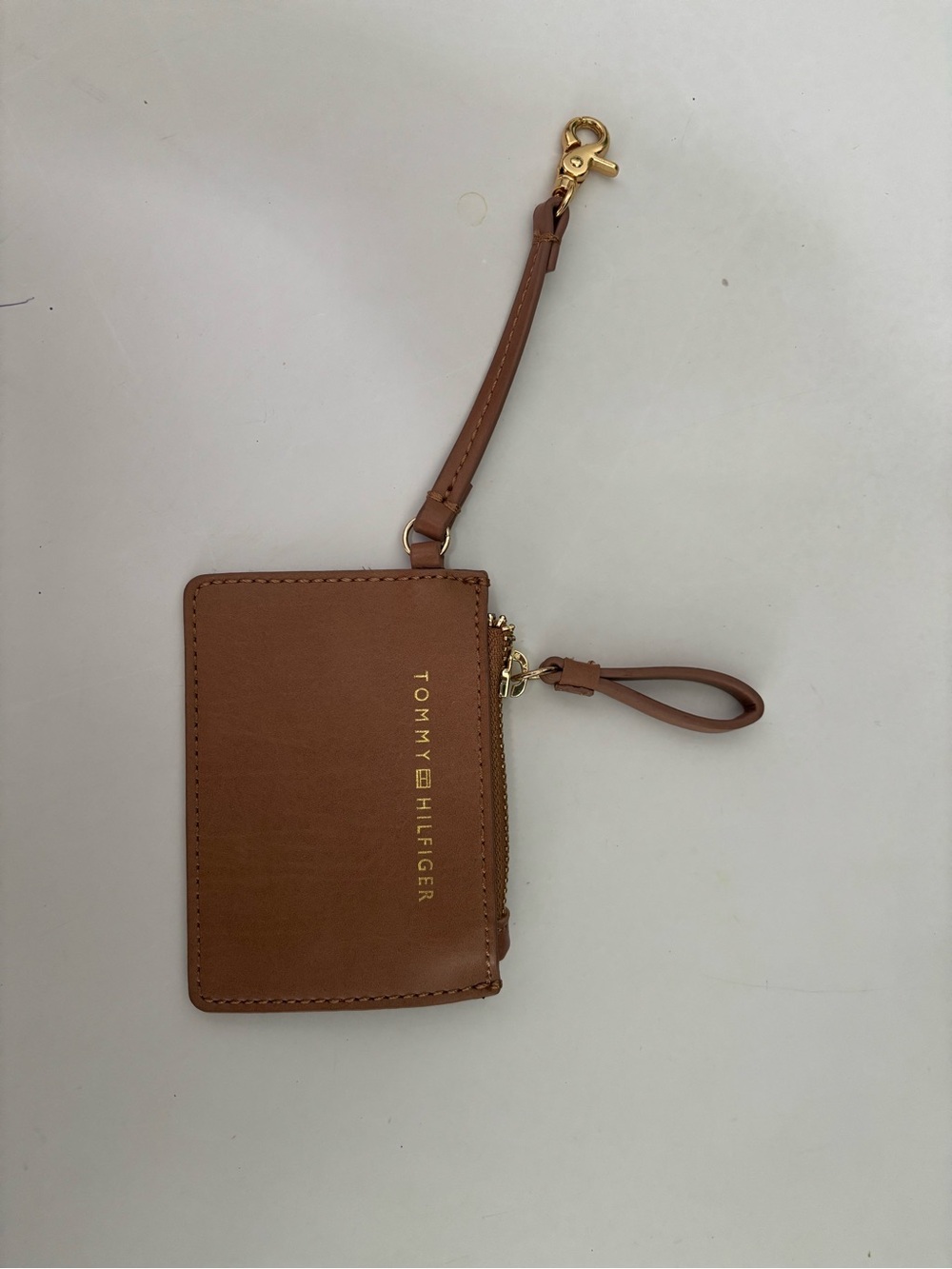 Tommy Hilfiger Tan Leather Wristlet Card Holder with Gold Hardware